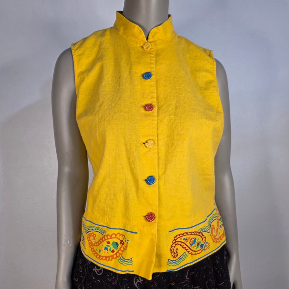 Vintage Linen Cotton Button Tank Top Sleeveless Blouse Yellow Arty Size 14